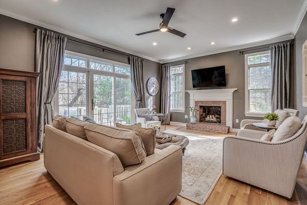 Fireplace, Interior, Living room, Recessed Lighting, Wood Texture Flooring