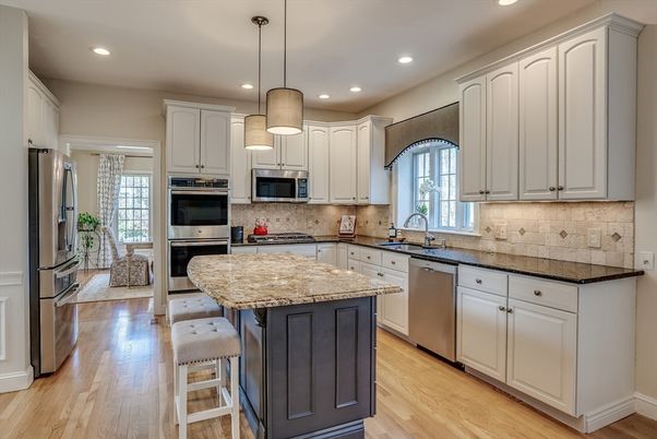 Interior, Kitchen, Pendant Lights, Recessed Lighting, Stainless Steel Appliances, Wood Texture Flooring