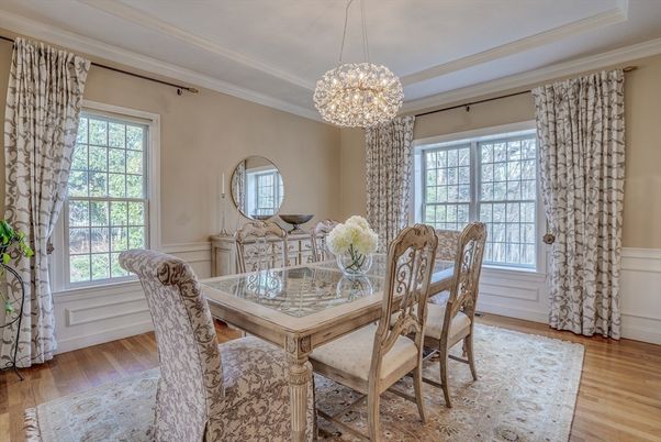 Dining room, Interior, Pendant Lights, Wood Texture Flooring