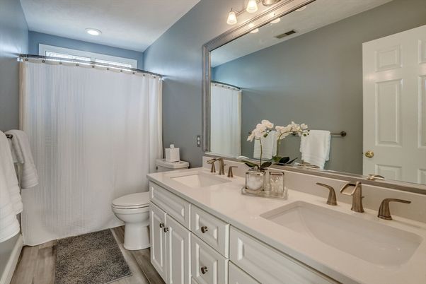 Bathroom, Dual Sink Vanities, Interior, Recessed Lighting, Wood Texture Flooring