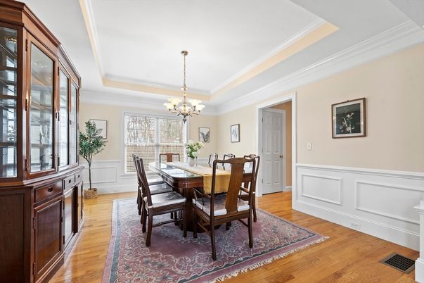 Chandelier, Dining room, Interior, Wood Texture Flooring