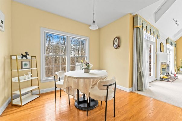 Dining room, Fireplace, Interior, Pendant Lights, Wood Texture Flooring