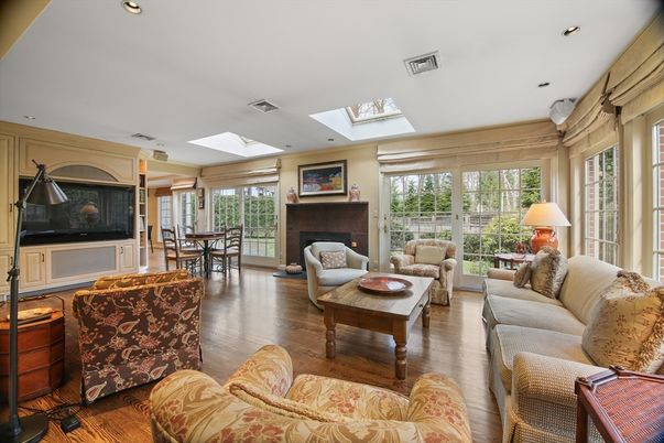 Dining room, Fireplace, Interior, Living room, Recessed Lighting, Wood Texture Flooring