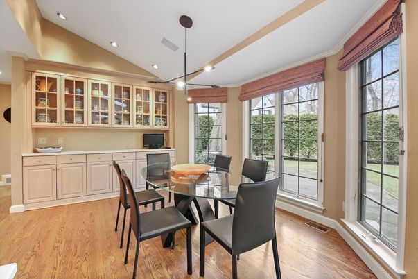 Dining room, Interior, Pendant Lights, Recessed Lighting, Wood Texture Flooring