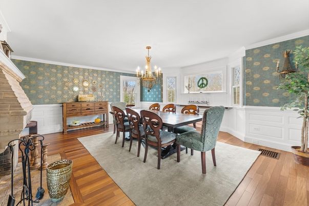 Chandelier, Dining room, Interior, Wood Texture Flooring