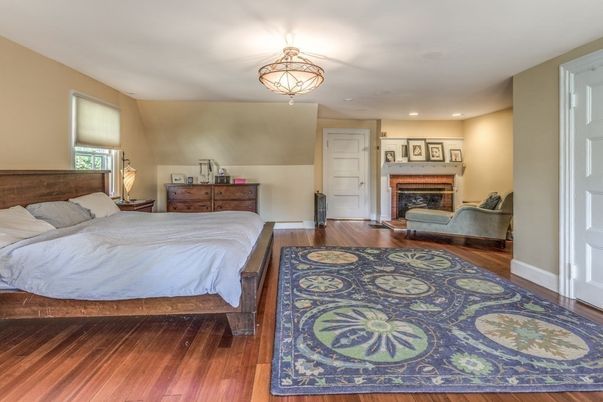 Bedroom, Fireplace, Interior, Recessed Lighting, Wood Texture Flooring