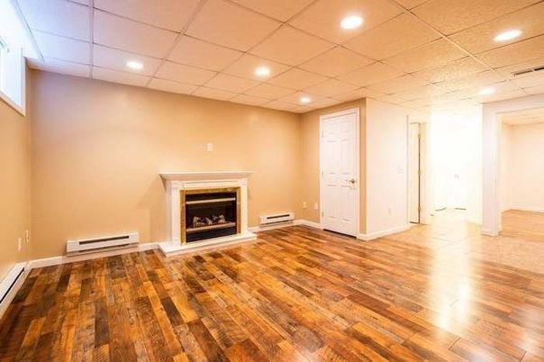 Empty room, Fireplace, Interior, Recessed Lighting, Wood Texture Flooring