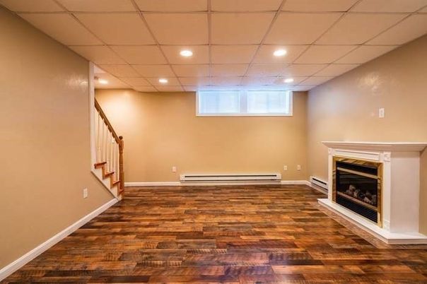 Empty room, Fireplace, Interior, Recessed Lighting, Wood Texture Flooring