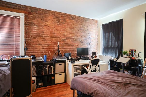 Bedroom, Home Office, Interior, Stone Walls, Wood Texture Flooring