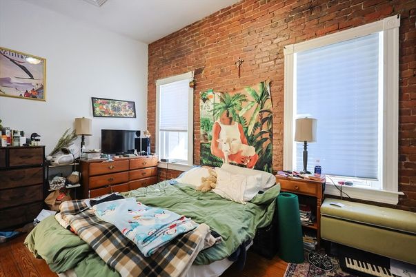 Bedroom, Interior, Stone Walls, Wood Texture Flooring