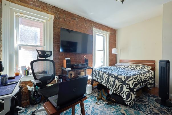 Bedroom, Home Office, Interior, Stone Walls, Wood Texture Flooring