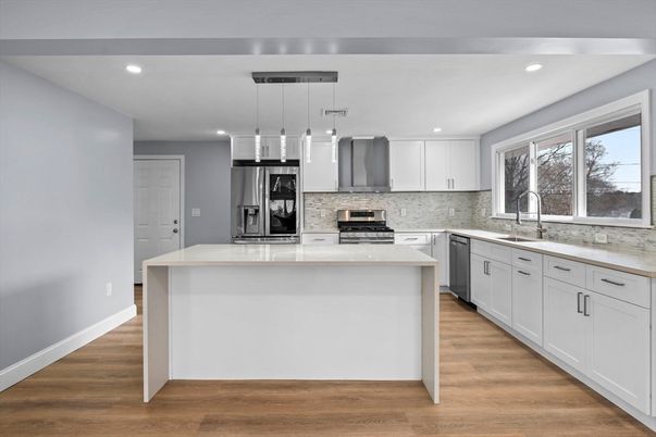 Interior, Kitchen, Pendant Lights, Recessed Lighting, Stainless Steel Appliances, Wood Texture Flooring