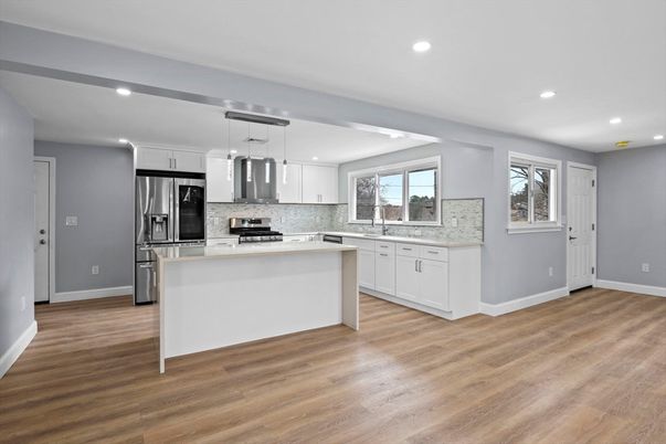 Interior, Kitchen, Pendant Lights, Recessed Lighting, Stainless Steel Appliances, Wood Texture Flooring