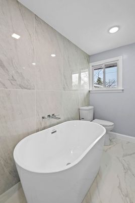 Bathroom, Free Standing Baths, Interior, Marble, Marble Walls, Recessed Lighting