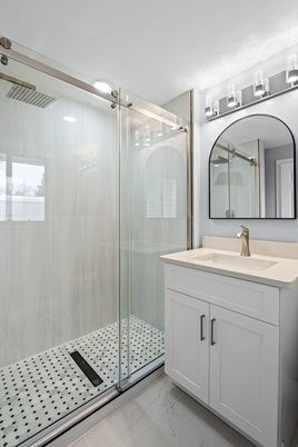 Bathroom, Glass Shower, Interior, Marble, Recessed Lighting