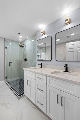 Bathroom, Dual Sink Vanities, Glass Shower, Interior, Marble, Marble Walls, Recessed Lighting