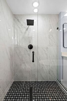 Bathroom, Glass Shower, Interior, Marble Walls, Recessed Lighting