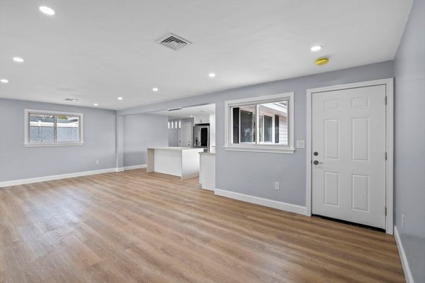 Empty room, Interior, Kitchen, Recessed Lighting, Wood Texture Flooring
