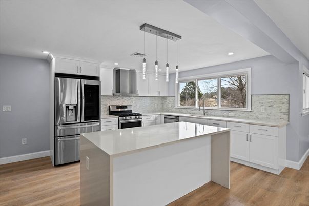 Interior, Kitchen, Pendant Lights, Recessed Lighting, Stainless Steel Appliances, Wood Texture Flooring