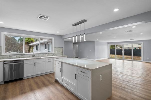 Interior, Kitchen, Pendant Lights, Recessed Lighting, Stainless Steel Appliances, Wood Texture Flooring