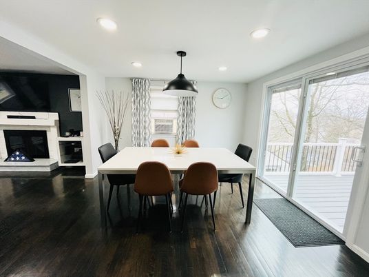Dining room, Fireplace, Interior, Pendant Lights, Recessed Lighting, Wood Texture Flooring