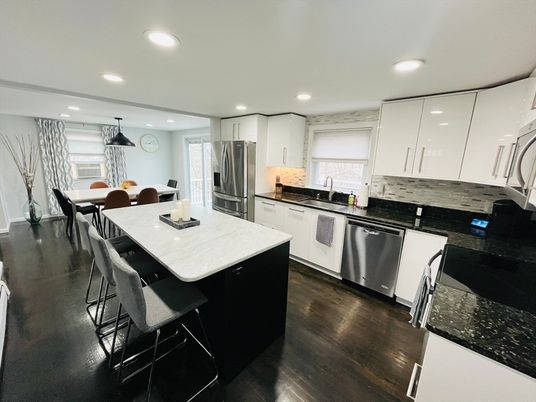 Dining room, Interior, Kitchen, Recessed Lighting, Stainless Steel Appliances, Wood Texture Flooring