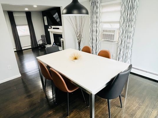 Dining room, Fireplace, Interior, Recessed Lighting, Wood Texture Flooring