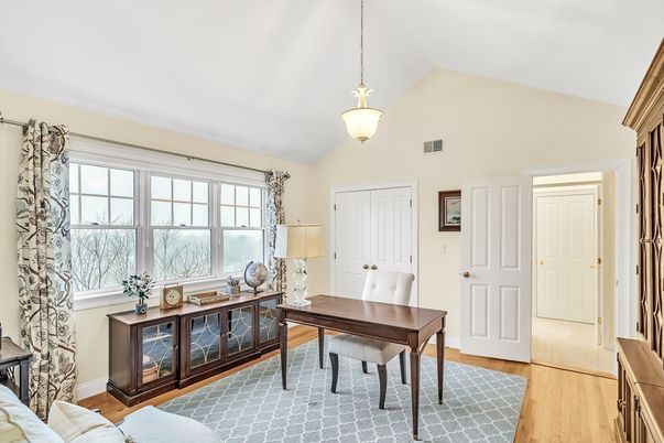 Home Office, Interior, Pendant Lights, Wood Texture Flooring