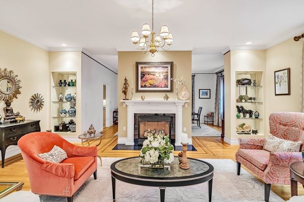 Chandelier, Fireplace, Interior, Living room, Recessed Lighting, Wood Texture Flooring