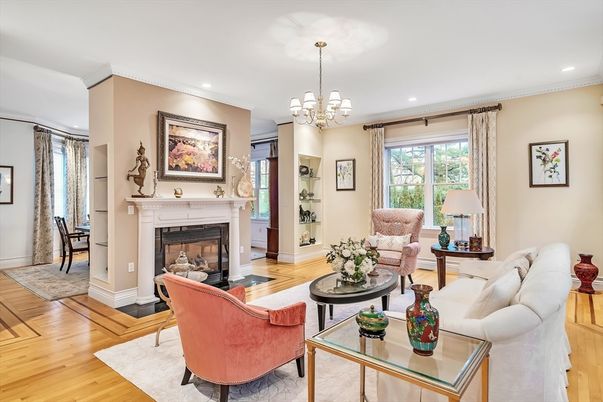 Chandelier, Fireplace, Interior, Living room, Recessed Lighting, Wood Texture Flooring