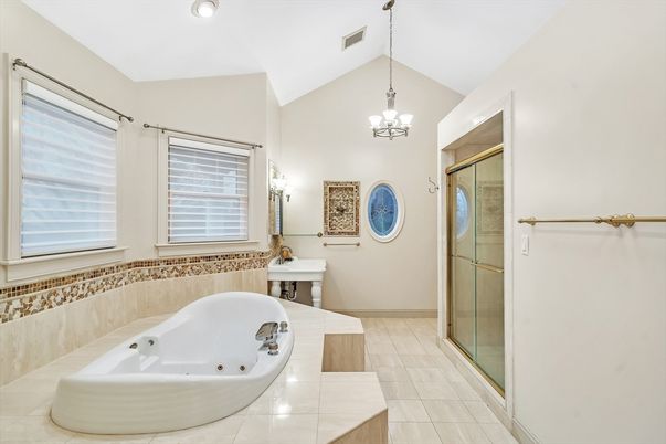 Bathroom, Chandelier, Glass Shower, Interior, Recessed Lighting