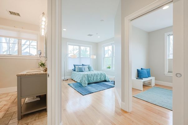 Bedroom, Interior, Pendant Lights, Recessed Lighting, Wood Texture Flooring