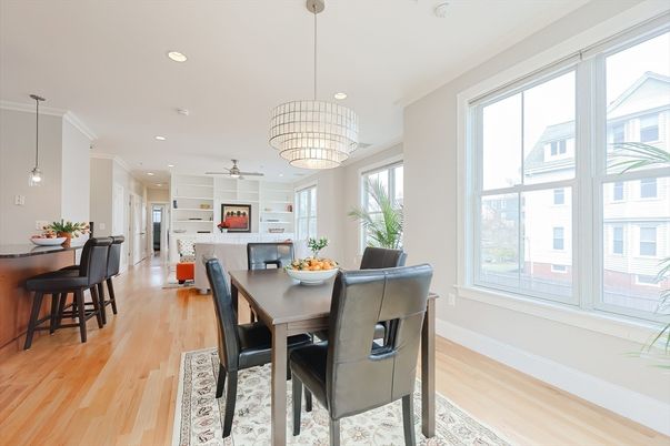 Chandelier, Dining room, Interior, Pendant Lights, Recessed Lighting, Wood Texture Flooring