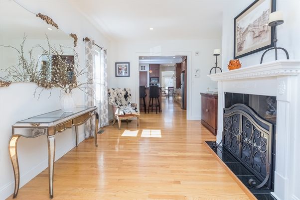 Fireplace, Interior, Kitchen, Recessed Lighting, Wood Texture Flooring