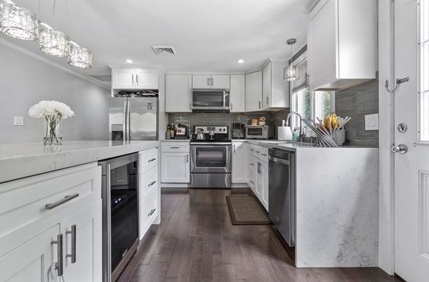Interior, Kitchen, Pendant Lights, Recessed Lighting, Stainless Steel Appliances, Wood Texture Flooring