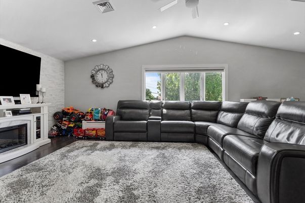 Fireplace, Interior, Living room, Recessed Lighting, Wood Texture Flooring