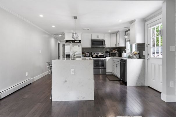 Interior, Kitchen, Pendant Lights, Recessed Lighting, Stainless Steel Appliances, Wood Texture Flooring