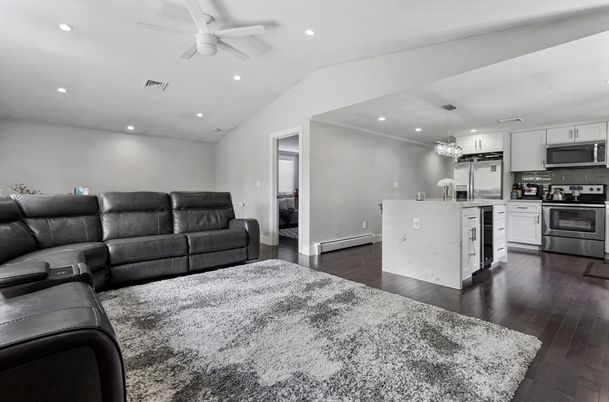 Chandelier, Interior, Kitchen, Living room, Recessed Lighting, Stainless Steel Appliances, Wood Texture Flooring