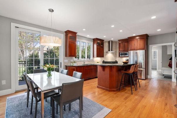 Dining room, Interior, Kitchen, Pendant Lights, Recessed Lighting, Stainless Steel Appliances, Wood Texture Flooring