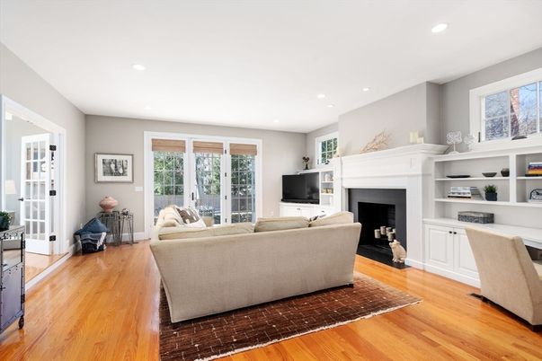 Fireplace, Interior, Living room, Recessed Lighting, Wood Texture Flooring