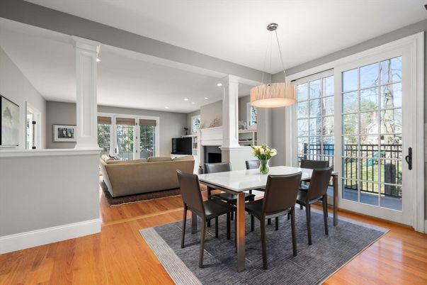 Dining room, Fireplace, Interior, Kitchen, Living room, Pendant Lights, Recessed Lighting, Wood Texture Flooring