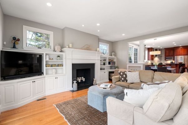 Dining room, Fireplace, Interior, Kitchen, Living room, Pendant Lights, Recessed Lighting, Wood Texture Flooring