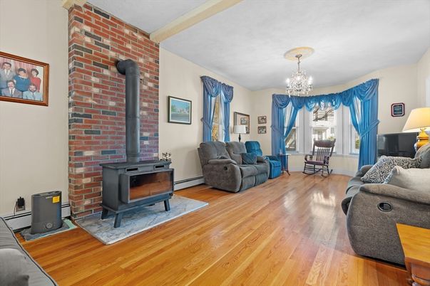 Chandelier, Interior, Living room, Stone Walls, Wood Texture Flooring