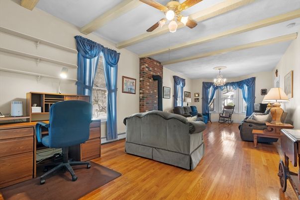 Chandelier, Home Office, Interior, Stone Walls, Wooden Beams, Wood Texture Flooring