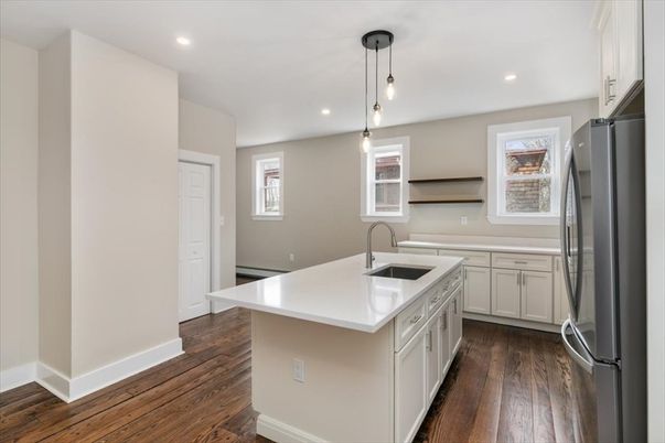 Interior, Kitchen, Pendant Lights, Recessed Lighting, Wood Texture Flooring