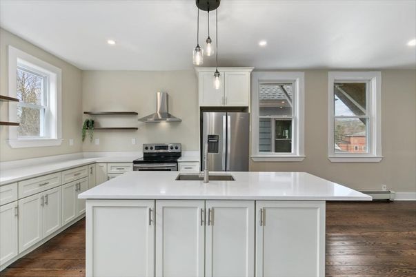 Interior, Kitchen, Pendant Lights, Recessed Lighting, Stainless Steel Appliances, Wood Texture Flooring