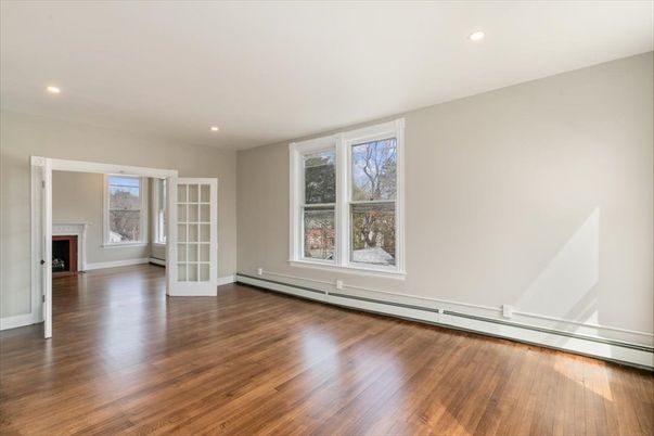 Empty room, Fireplace, Interior, Recessed Lighting, Wood Texture Flooring