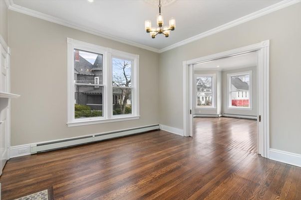 Chandelier, Empty room, Fireplace, Interior, Recessed Lighting, Wood Texture Flooring