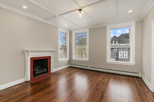 Empty room, Fireplace, Interior, Recessed Lighting, Wood Texture Flooring