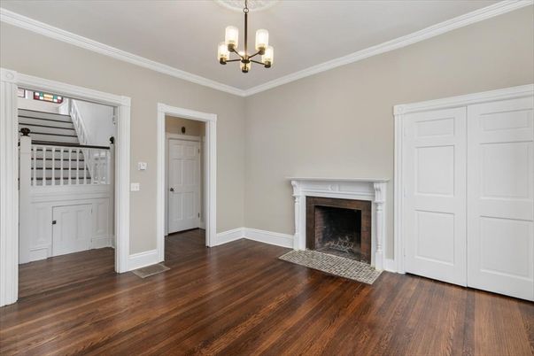 Chandelier, Empty room, Fireplace, Interior, Wood Texture Flooring